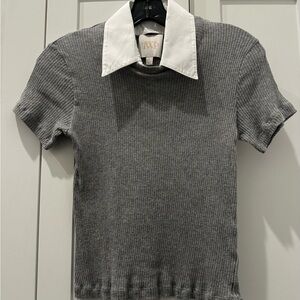 Gray Short Sleeve Top with White Collar